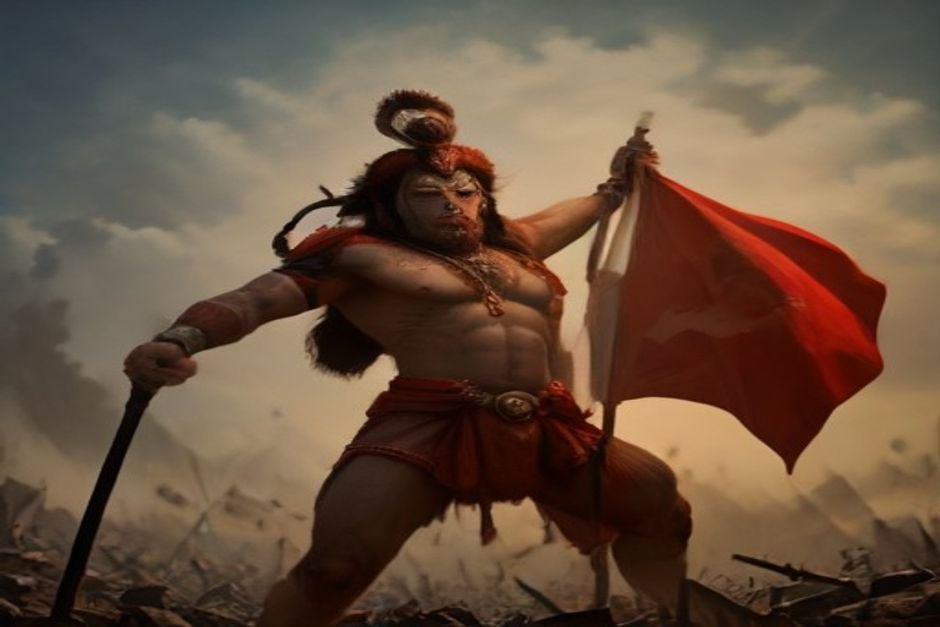 Hanuman warrior carrying Rama flag in epic Ramayana scene