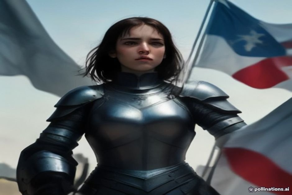 Joan of Arc in medieval armor carrying French flag