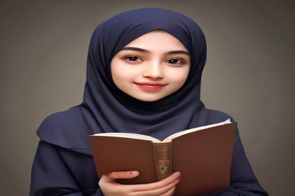 Young Muslim girl holding holy Quran with joy