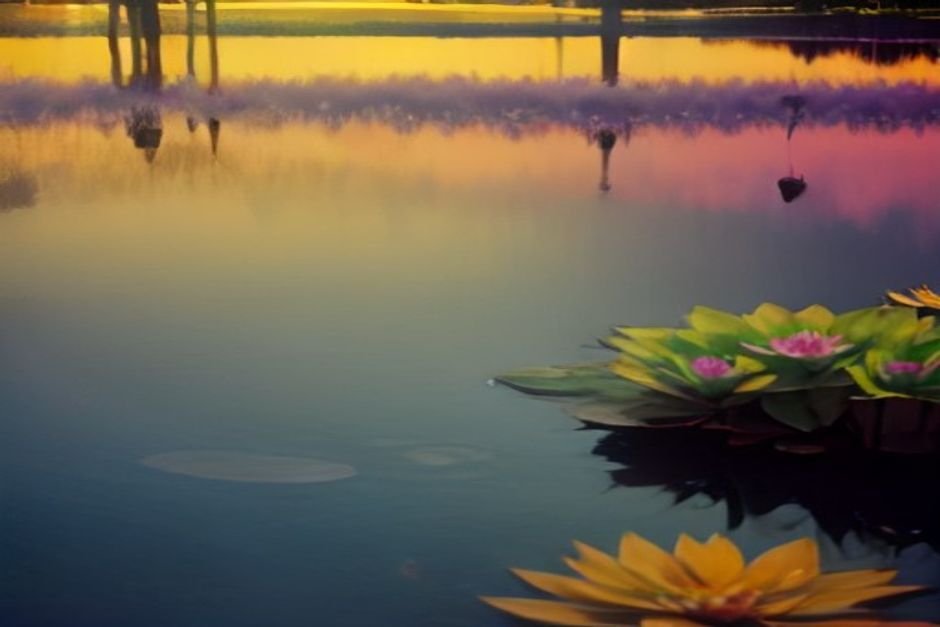 Golden lotus flowers blooming in peaceful sacred pond
