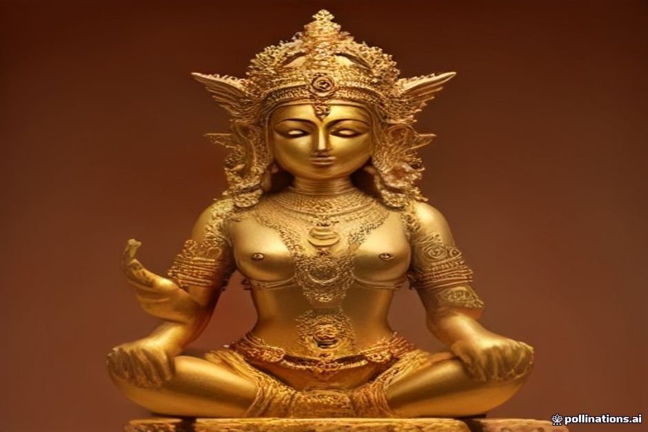 Golden statue of Hindu goddess Lakshmi with divine aura lighting