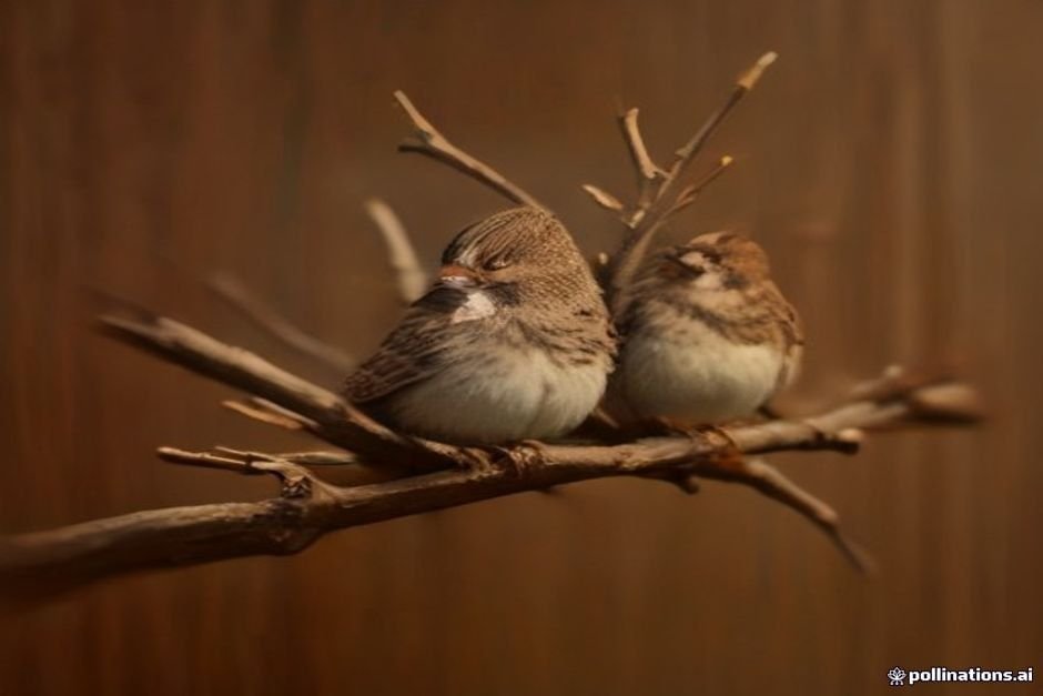 Multiple house sparrows resting on weathered wooden perch outdoors