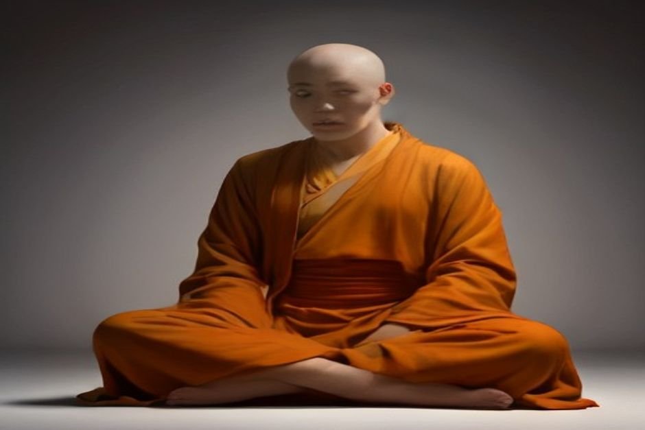 Buddhist monk in traditional robes with students