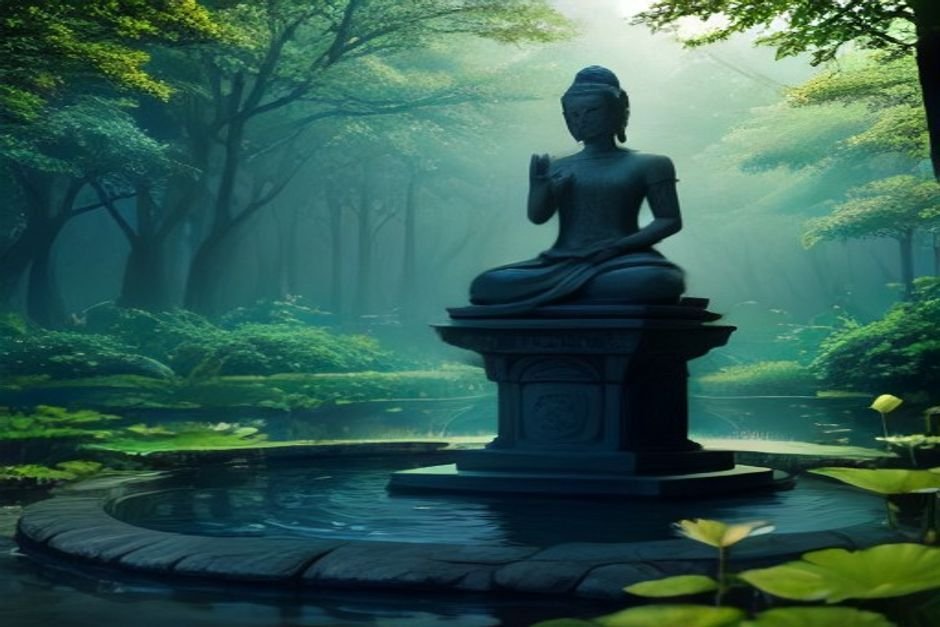 Tranquil lotus pond in Buddhist monastery garden setting