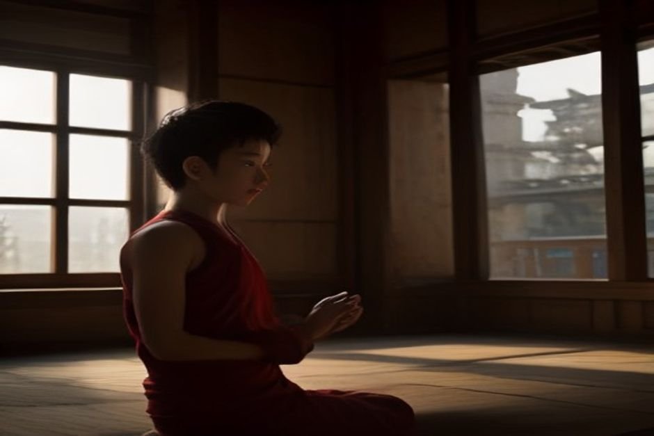 Young Buddhist boy at temple during spiritual practice
