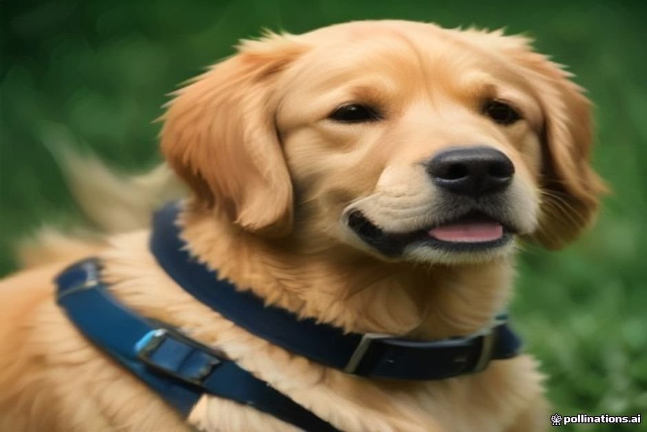 Golden-coated male dog with collar displaying traditional Tamil aesthetic