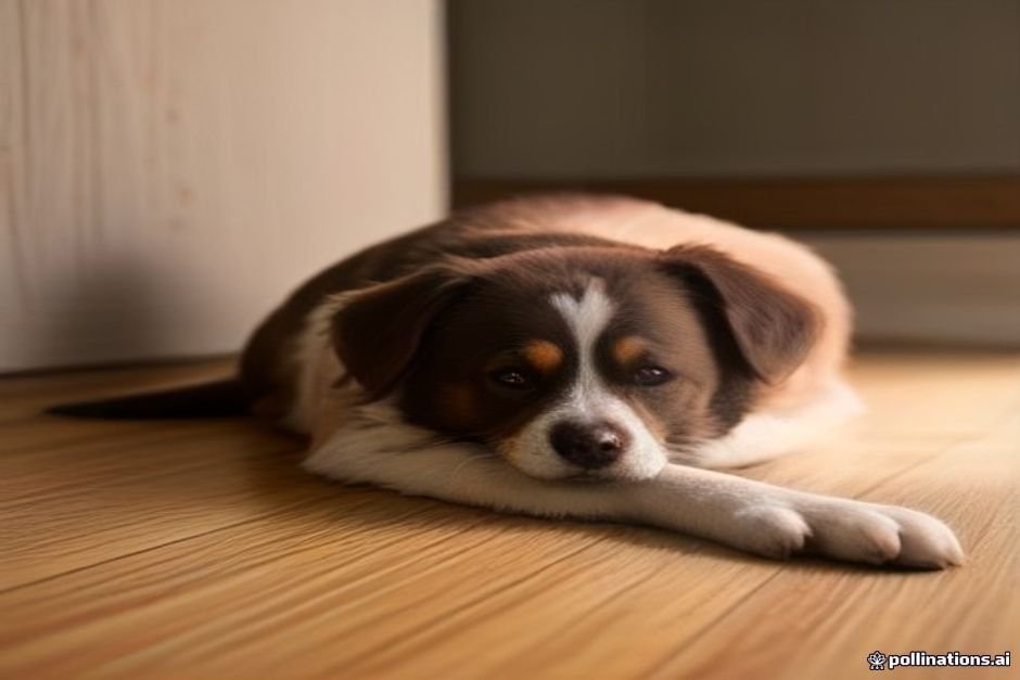 Resting male dog on indoor floor showing calm peaceful demeanor