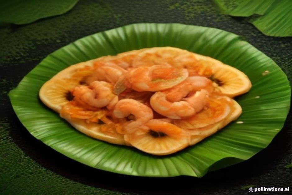 Freshwater catfish and saltwater prawns on banana leaves