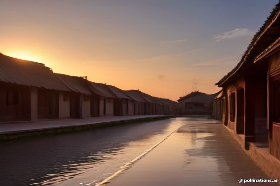 Scenic Tamil village landscape at golden hour sunset