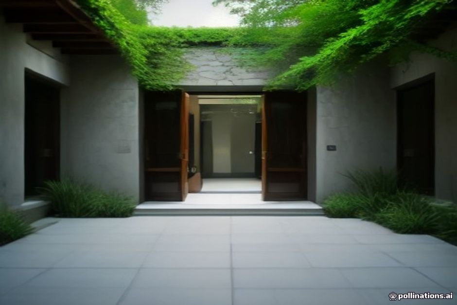 Tranquil garden sanctuary entrance showing peaceful house setting