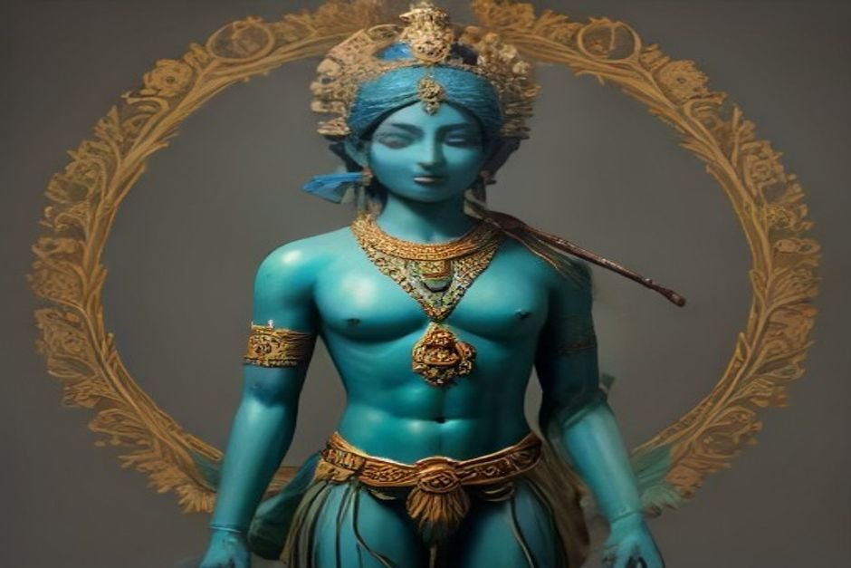 Lord Krishna divine idol with sacred symbols