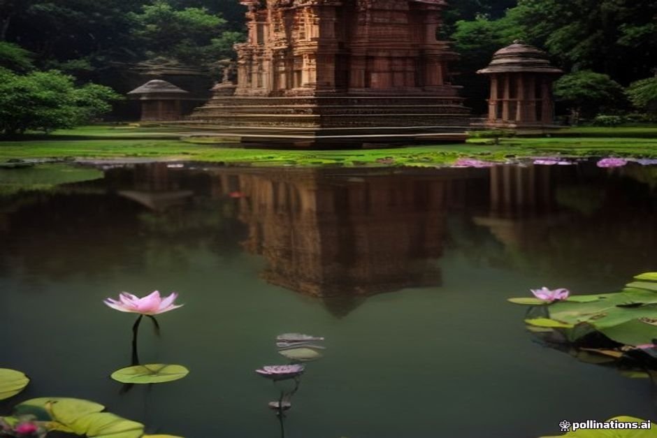 Sacred lotus flowers blooming in temple pond waters