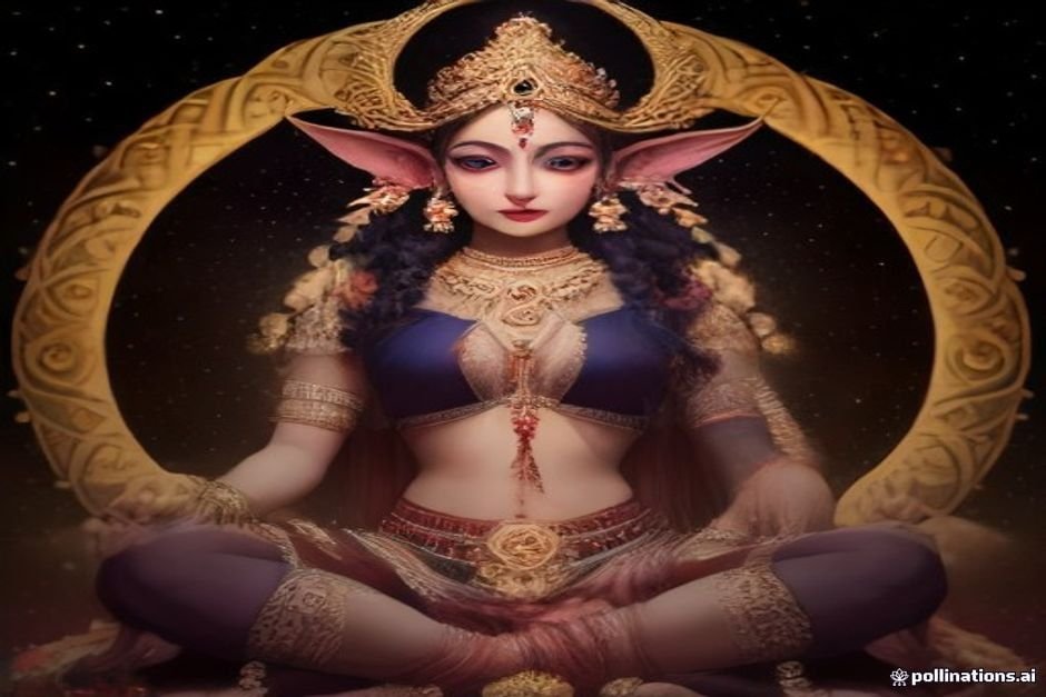Goddess Parvathi surrounded by celestial light and cosmic symbols