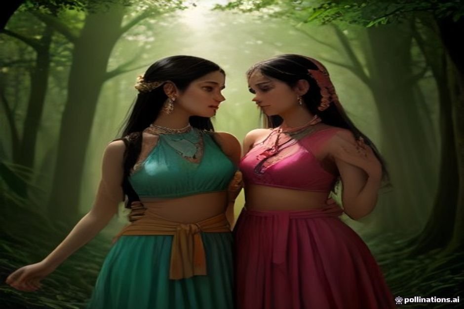 Radha and Krishna in eternal divine love pose together