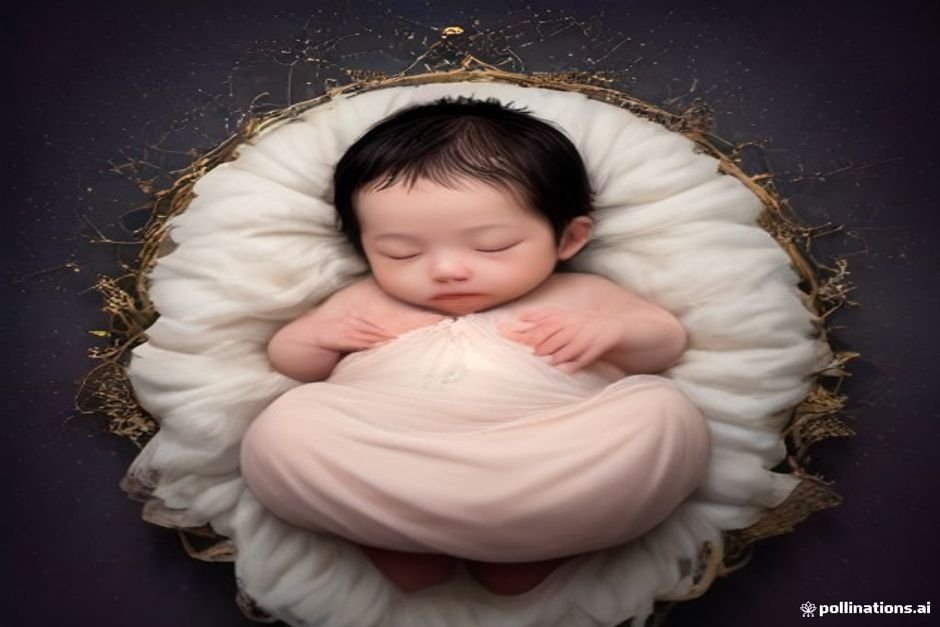 Peaceful infant sleeping surrounded by starry zodiac signs
