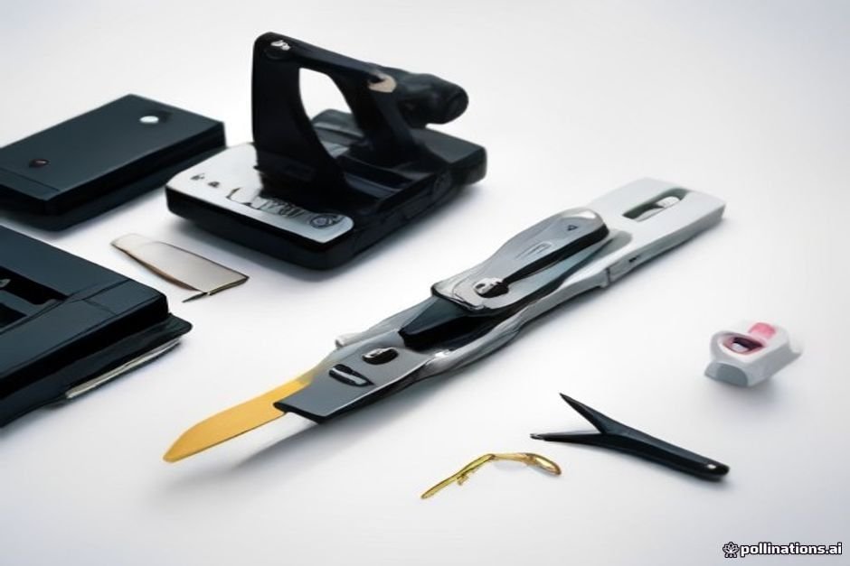 Metal and plastic fastening tools including scissors, stapler, and clips