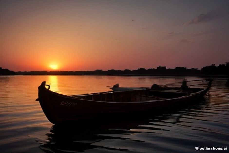 Golden hour sunlight reflecting on river with traditional Bengali wooden boats