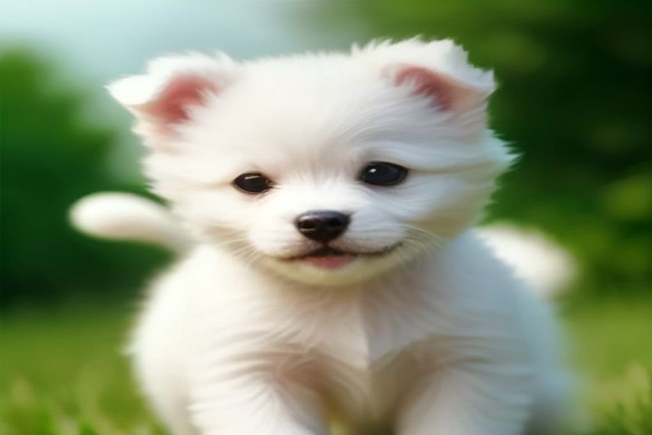 Adorable white puppy showing playful personality