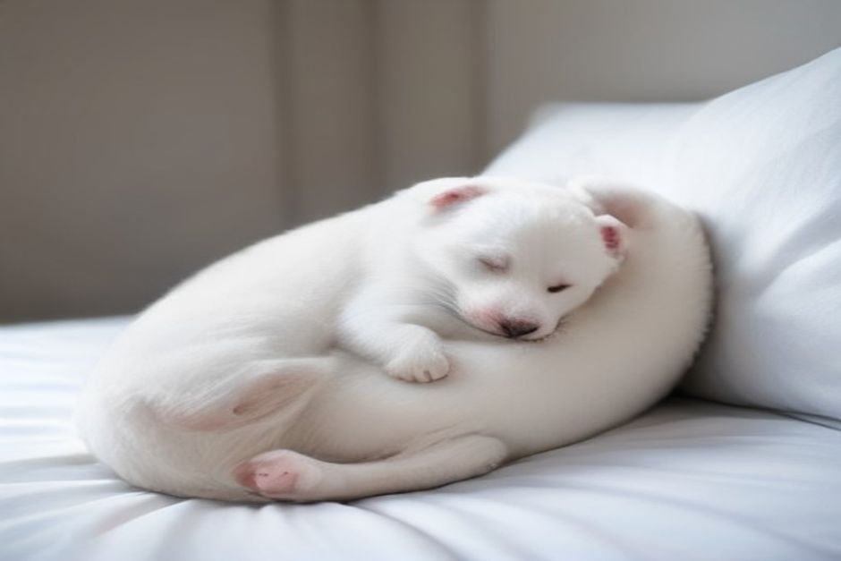 Peaceful white dog relaxing on light background