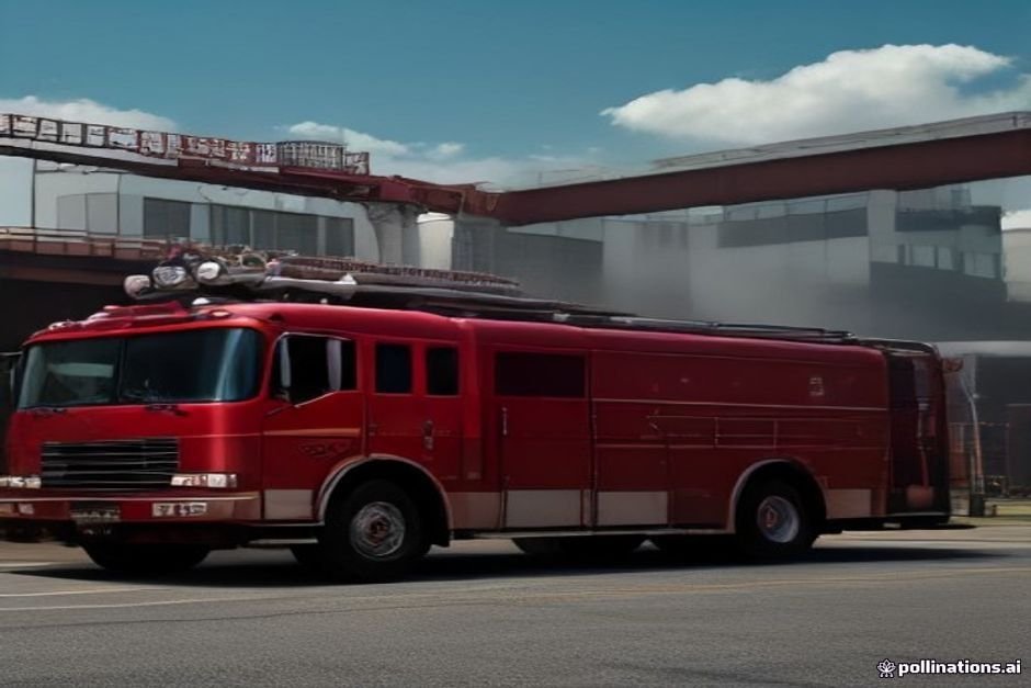 Red fire engine truck with extended ladder apparatus