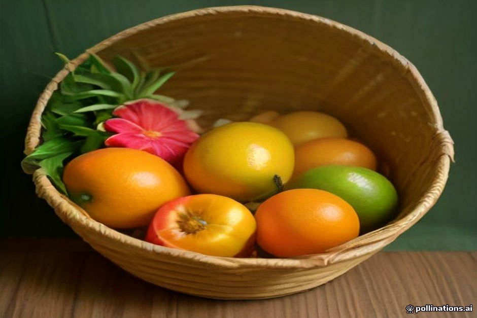 Tropical fruits arranged in traditional basket with Telugu signage