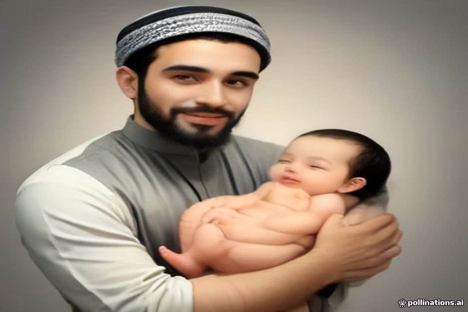 Proud Muslim father cradling newborn son indoors