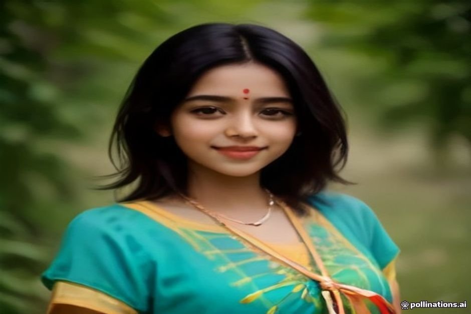 Young Hindu girl wearing traditional clothes and jewelry outdoors