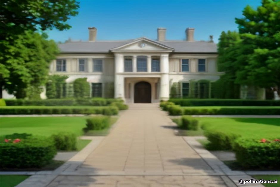 Grand mansion with flowering gardens and formal nameplate signage